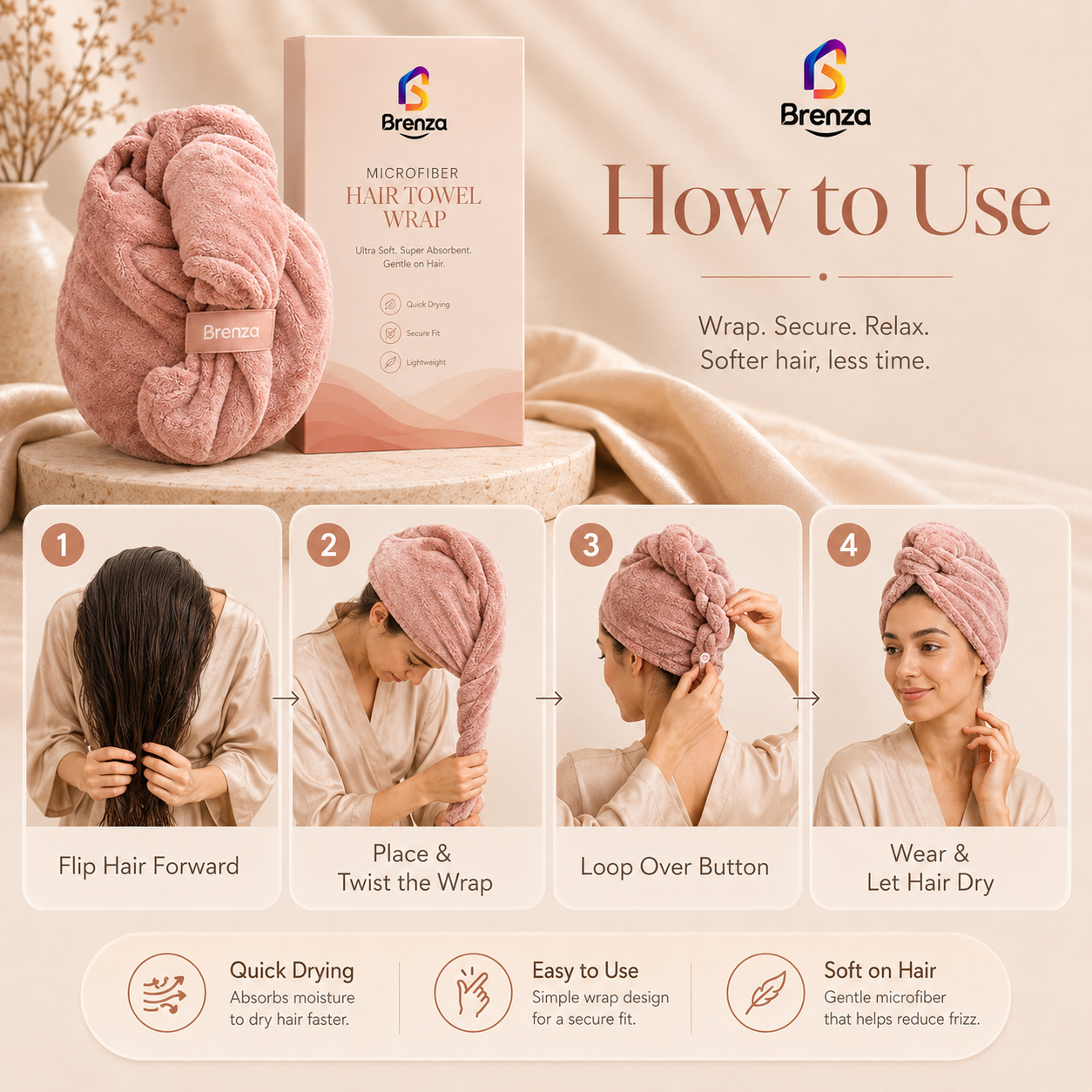 Brenza Microfiber Hair Towel Wrap – Ultra Absorbent Quick-Dry Hair Turban