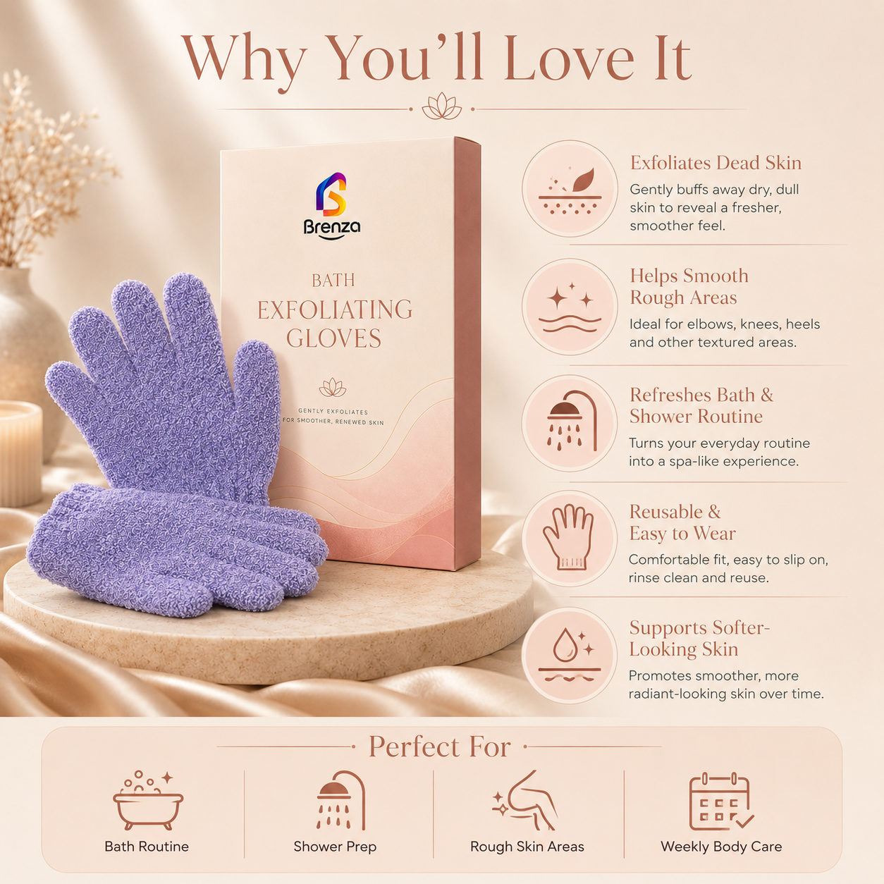 Brenza Bath Exfoliating Gloves – Reusable Body Scrub Gloves for Smoother-Looking Skin