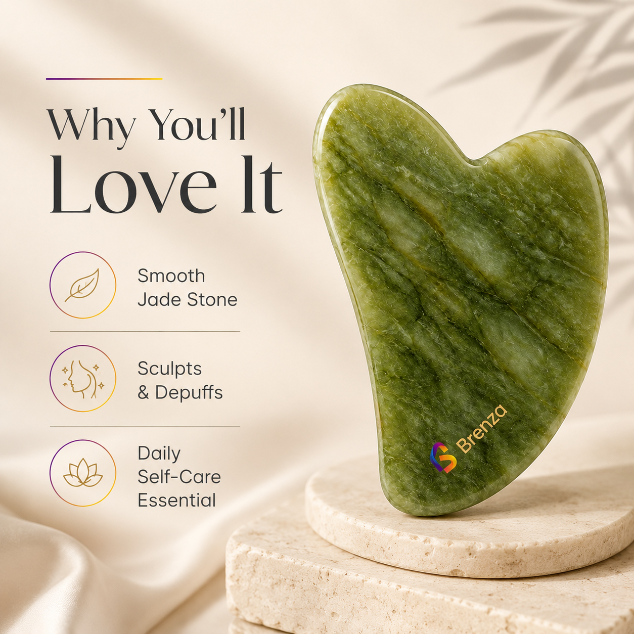 Brenza Jade Gua Sha Facial Tool for Face Massage, Jawline Sculpting & Daily Self-Care Routine