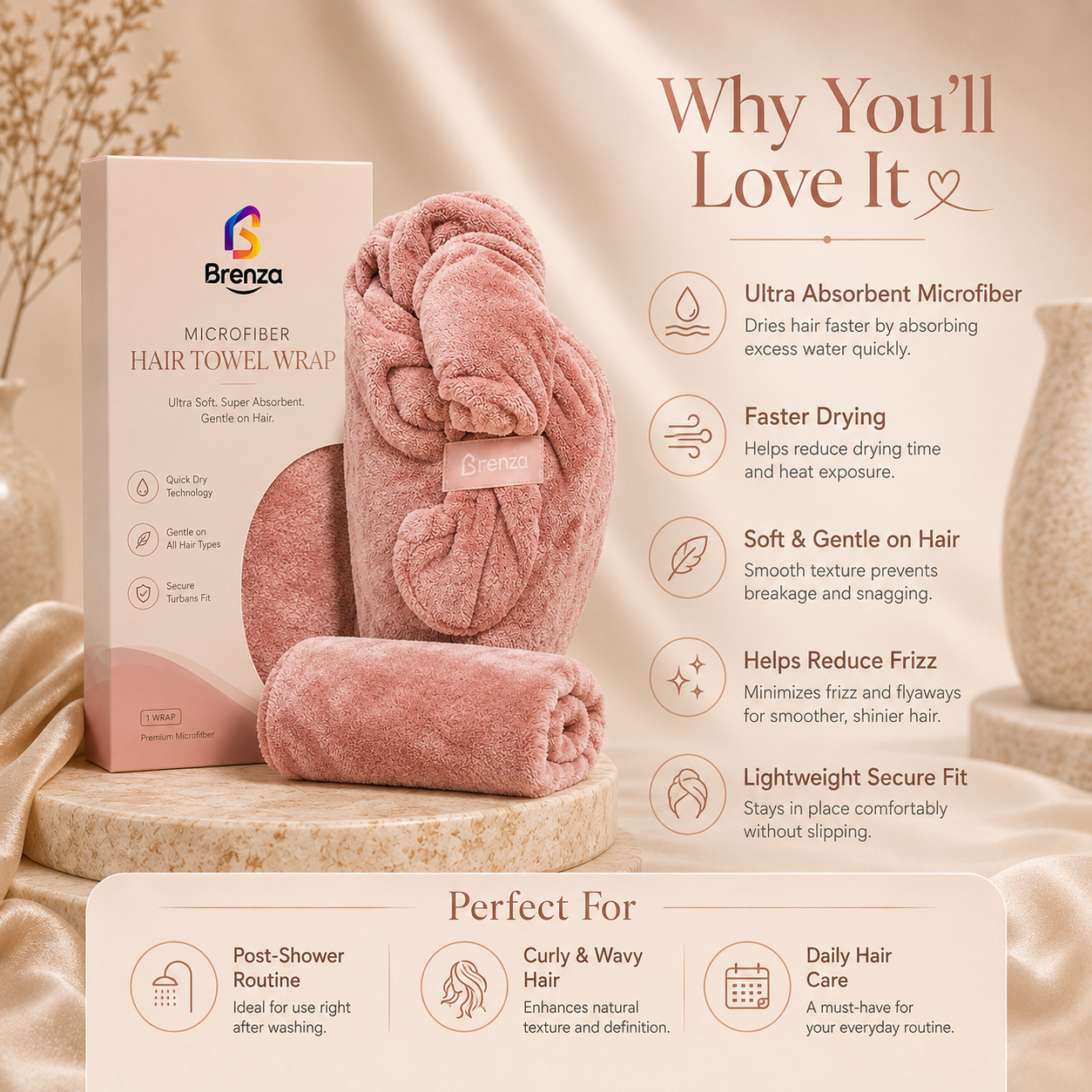 Brenza Microfiber Hair Towel Wrap – Ultra Absorbent Quick-Dry Hair Turban