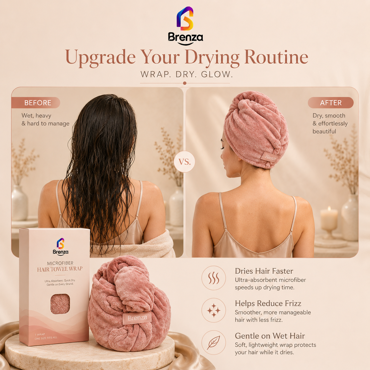 Brenza Microfiber Hair Towel Wrap – Ultra Absorbent Quick-Dry Hair Turban