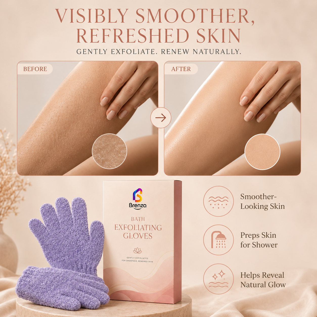 Brenza Bath Exfoliating Gloves – Reusable Body Scrub Gloves for Smoother-Looking Skin