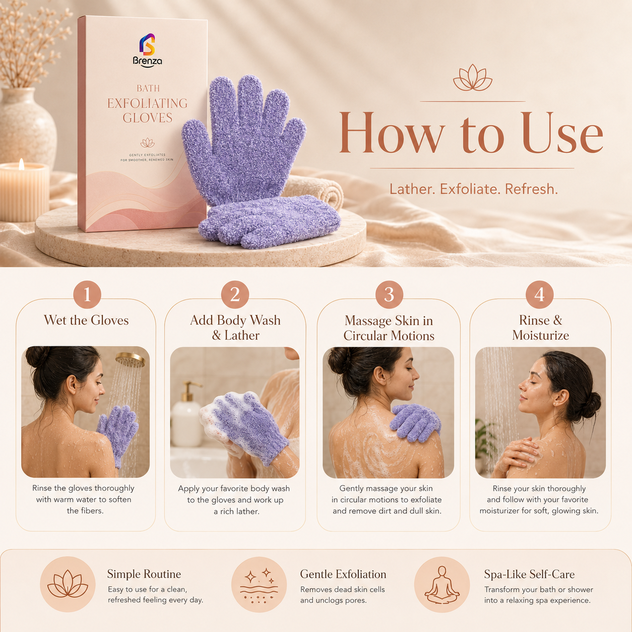 Brenza Bath Exfoliating Gloves – Reusable Body Scrub Gloves for Smoother-Looking Skin