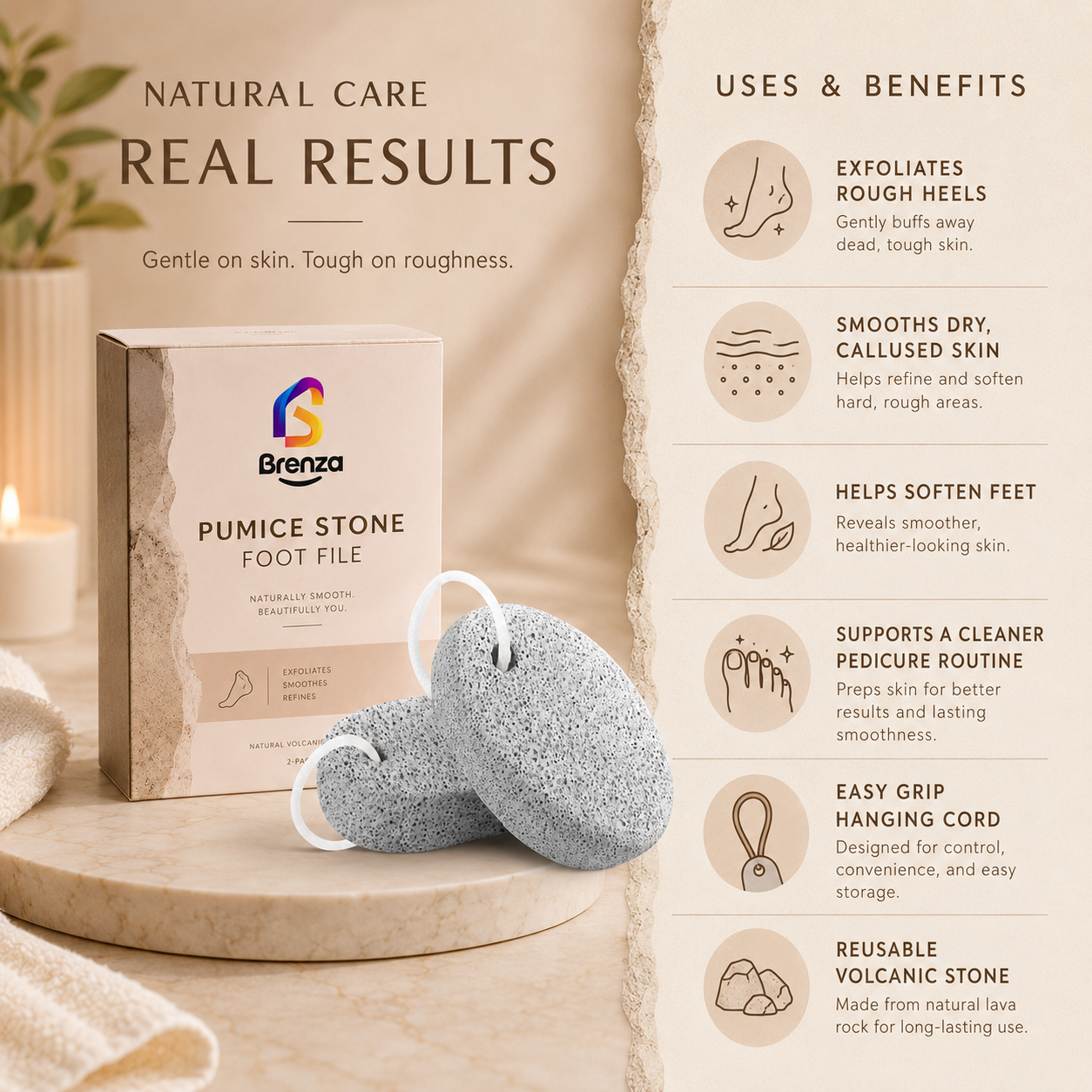 Brenza Pumice Stone Foot File – Natural Volcanic Stone for Calluses, Rough Heels & Smoother Feet