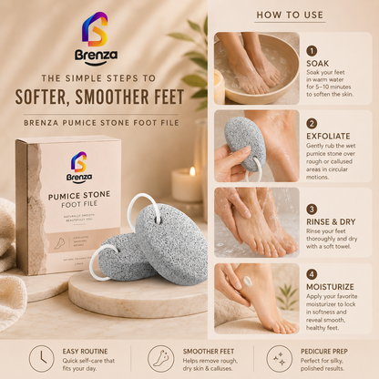 Brenza Pumice Stone Foot File – Natural Volcanic Stone for Calluses, Rough Heels & Smoother Feet